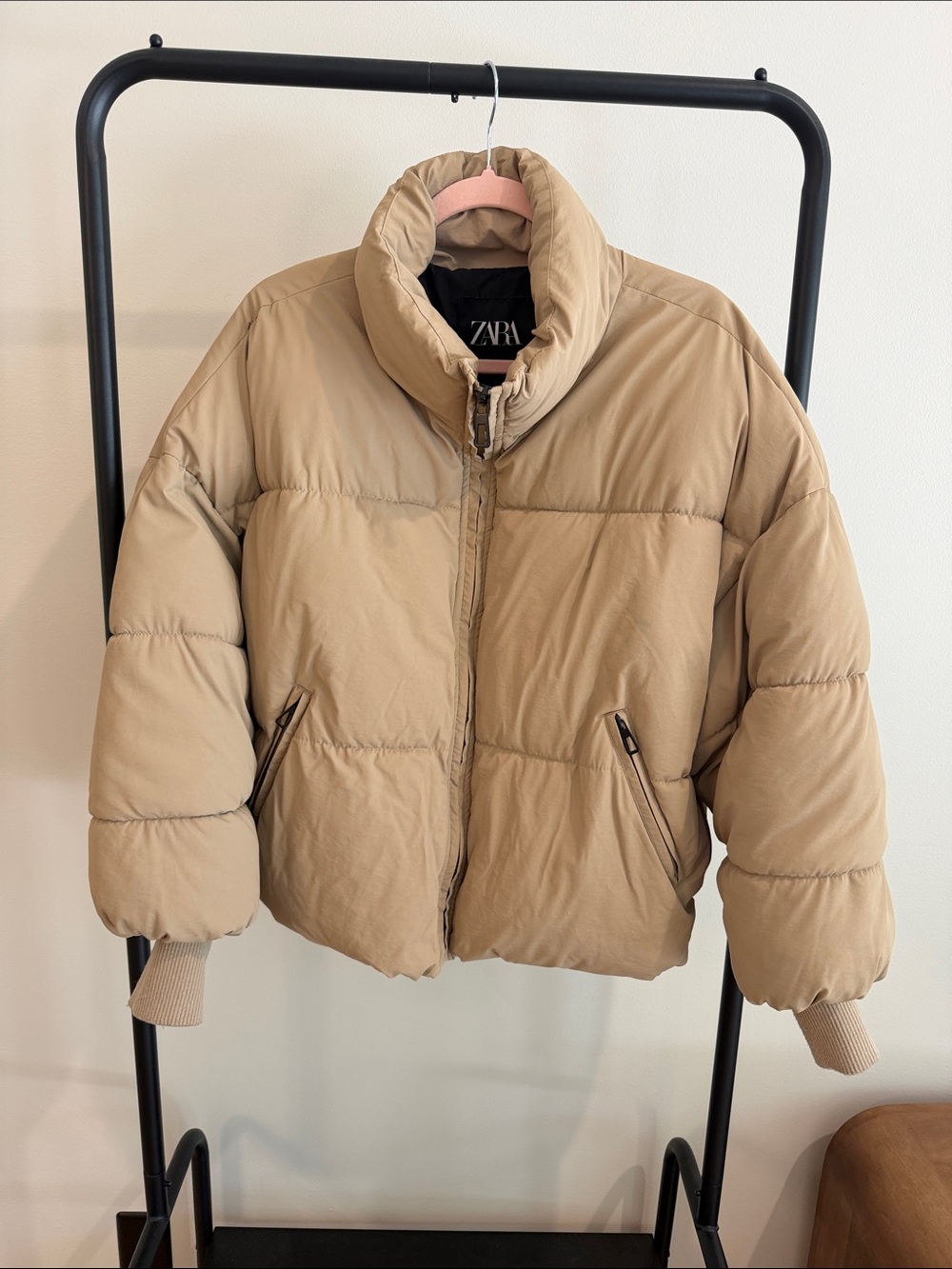 Zara Beige Tan Puffer Jacket with Stand Collar